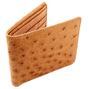 Tan Full-Quill Ostrich Leather Bifold Wallet showing the upright fold and natural tan quill marks.