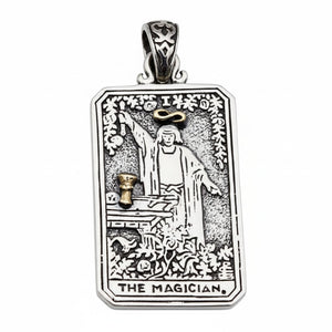Colgante de carta del tarot El Mago en plata de ley, parte delantera de la carta del mago