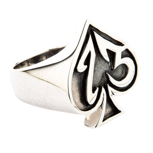 Number 13 Spade Sterling Silver Signet Ring. Polished shoulder angle.