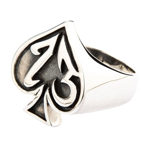 Number 13 Spade Sterling Silver Signet Ring. Raised digits oblique.