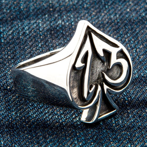 Number 13 Spade Sterling Silver Signet Ring. Spade face on denim.