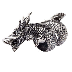 Three-Coil CZ Eye Sterling Silver Dragon Ring shown in dragon head side view.