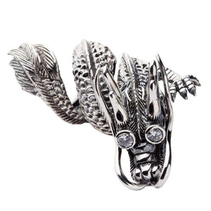 Three-Coil CZ Eye Sterling Silver Dragon Ring shown in dragon horns cz eyes view.