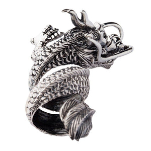 Three-Coil CZ Eye Sterling Silver Dragon Ring shown in feathered tail back view.