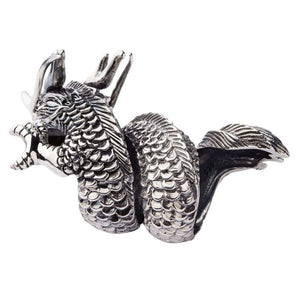 Three-Coil CZ Eye Sterling Silver Dragon Ring shown in rear scales and tail view.