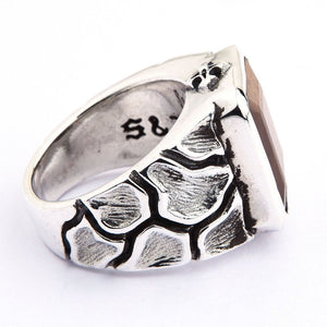 Tiger's Eye Ring with Textured Sterling Silver Band. The side angle shows the smooth inner band and cracked texture beside the setting.