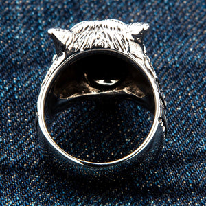 Vy bakifrån genom skenan på denim: texturerade öron och päls över ryggen ovanför en bred, slät silverskena
