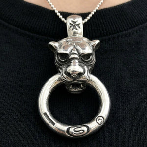 Tiger Head Ring Sterling Silver Pendant, worn at the neckline