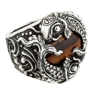 Tiger’s Eye Koi Sterling Silver Ring. Fish waves angle.