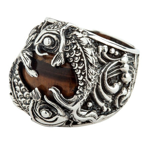 Tiger’s Eye Koi Sterling Silver Ring. Koi opposite front.