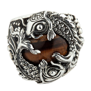 Tiger’s Eye Koi Sterling Silver Ring. Twin koi stone front.