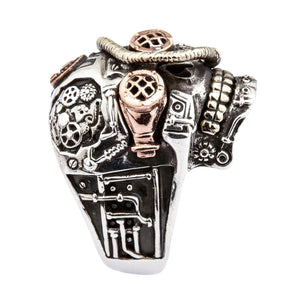 Tri-Metal Sterling Silver Steampunk Skull Ring — side profile