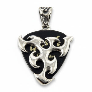 Tribal Blade Guitar Pick Holder in Sterling Silver, inserted pick front