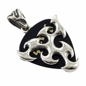 Tribal Blade Guitar Pick Holder in Sterling Silver, inserted pick oblique