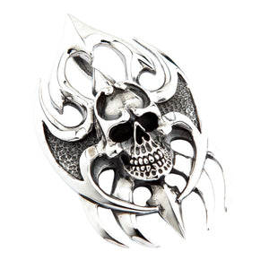 Tribal Blade Skull Sterling Silver Pendant, blades left overhead