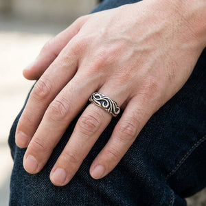 Tribal Carved Sterling Silver Band Ring, worn on the hand