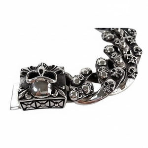 Tribal Multi-Skull Sterling Silver Bracelet, back of skull clasp and sculpted links