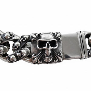 Tribal Multi-Skull Sterling Silver Bracelet, close skull box clasp and clustered skull links