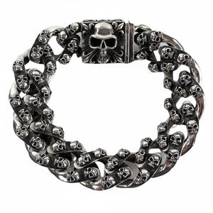 Tribal Multi-Skull Sterling Silver Bracelet, closed multi-skull Cuban links and box clasp