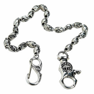Tribal Barrel-Link Sterling Silver Wallet Chain showing engraved barrel links laid out with both closures visible.