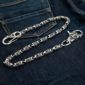Tribal Roller Sterling Silver Wallet Chain, chain on denim
