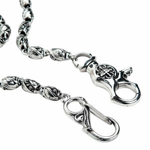 Tribal Barrel-Link Sterling Silver Wallet Chain showing the cross-engraved lobster clasp beside the oval snap hook.