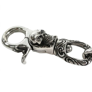 Clear-Eye Tribal Skull Sterling Silver Keychain, clasp skull detail