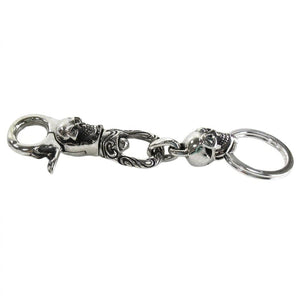 Clear-Eye Tribal Skull Sterling Silver Keychain, horizontal front