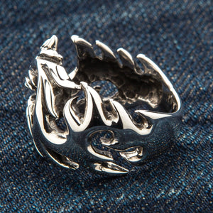 Tribal Wolf Head Sterling Silver Ring, curved wolf band opposite side