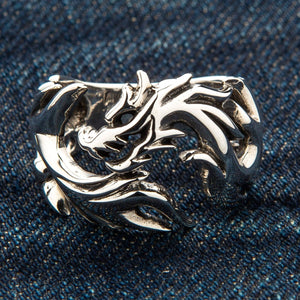 Tribal Wolf Head Sterling Silver Ring, tribal wolf front on denim
