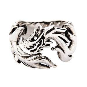 Tribal Wolf Head Sterling Silver Ring, tribal wolf front on white