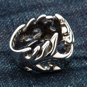 Tribal Wolf Head Sterling Silver Ring, open band rear profile