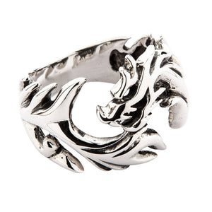 Tribal Wolf Head Sterling Silver Ring, wolf ring side on white