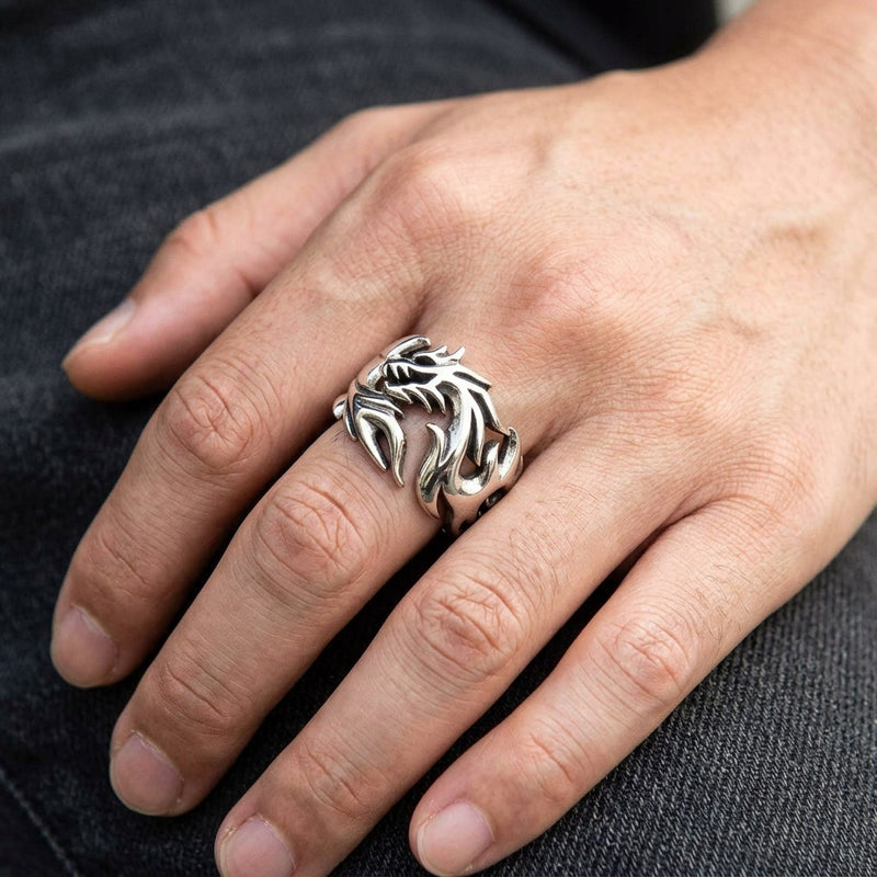 Tribal Wolf Head Sterling Silver Ring worn on a hand