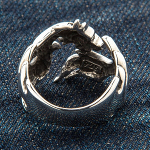 Tribal Wolf Head Sterling Silver Ring, ring underside and openwork