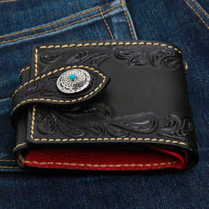Schwarze Biker-Ledergeldbörse mit Türkis-Concho — Concho im Detail