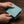 Turquoise stingray leather bifold wallet held slightly open in natural hands above a walnut counter