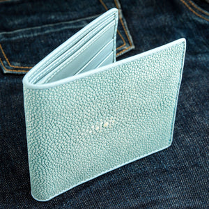 Turquoise Stingray Leather Bifold Wallet — standing fold view