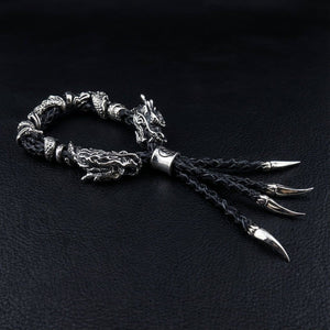 Twin Dragon Sterling Silver Leather Bracelet, bracelet laid flat with silver claw tips