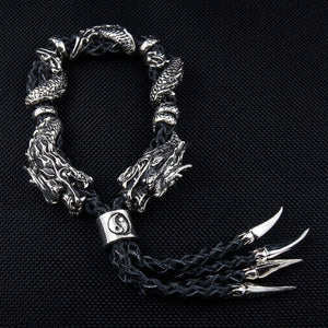 Twin Dragon Sterling Silver Leather Bracelet, double dragon bracelet and claw tassels