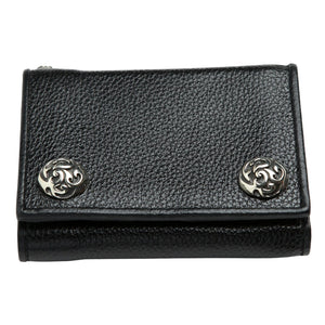 Twin-Flame Concho Black Leather Trifold Wallet, closed trifold reverse