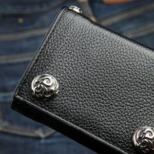 Twin-Flame Concho Black Leather Trifold Wallet, flame concho close up