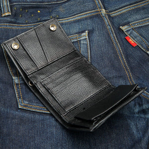 Twin-Flame Concho Black Leather Trifold Wallet, open trifold interior