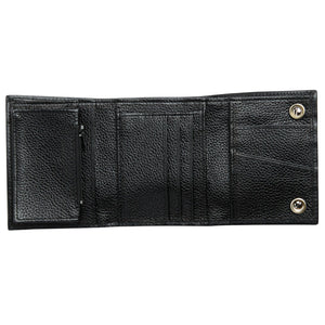 Twin-Flame Concho Black Leather Trifold Wallet, open wallet white background