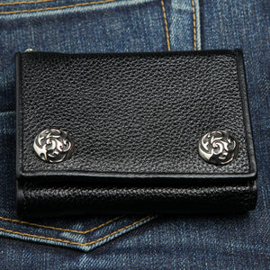 Twin-Flame Concho Black Leather Trifold Wallet, twin concho wallet front