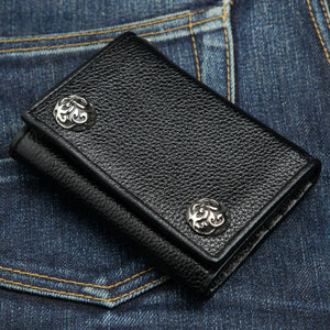 Twin-Flame Concho Black Leather Trifold Wallet, twin flame concho detail