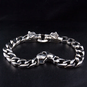 Twin Wolf Head Sterling Silver Curb Bracelet — rear clasp