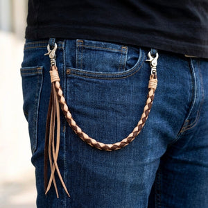 Two-Tone Brown Braided Leather Wallet Chain, clipped to jeans