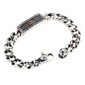 Union Jack CZ Sterling Silver Chain Bracelet. Open chain flag plate.