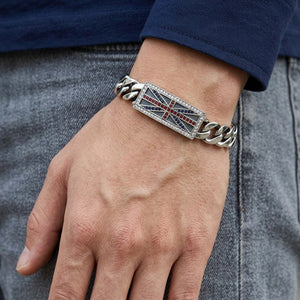 Union Jack CZ Sterling Silver Chain Bracelet worn on an adult wrist.